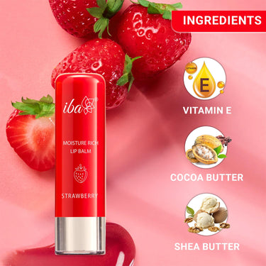 Iba Pure Lips Moisture Rich Lip Balm - Strawberry, 4.5 g (Pack of 2) | For Pigmented, Dry Damaged & Chapped Lips | Enriched with Cocoa Butter, Shea Butter l Glossy Finish | 100% Natural | Halal Certified & Vegan Makeup